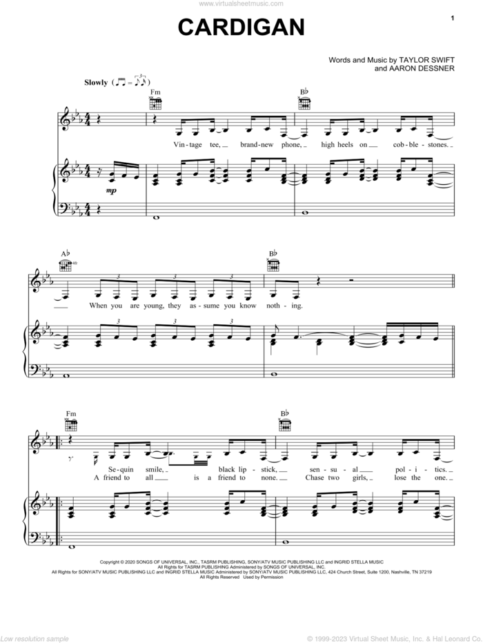 cardigan sheet music for voice, piano or guitar by Taylor Swift and Aaron Dessner, intermediate skill level