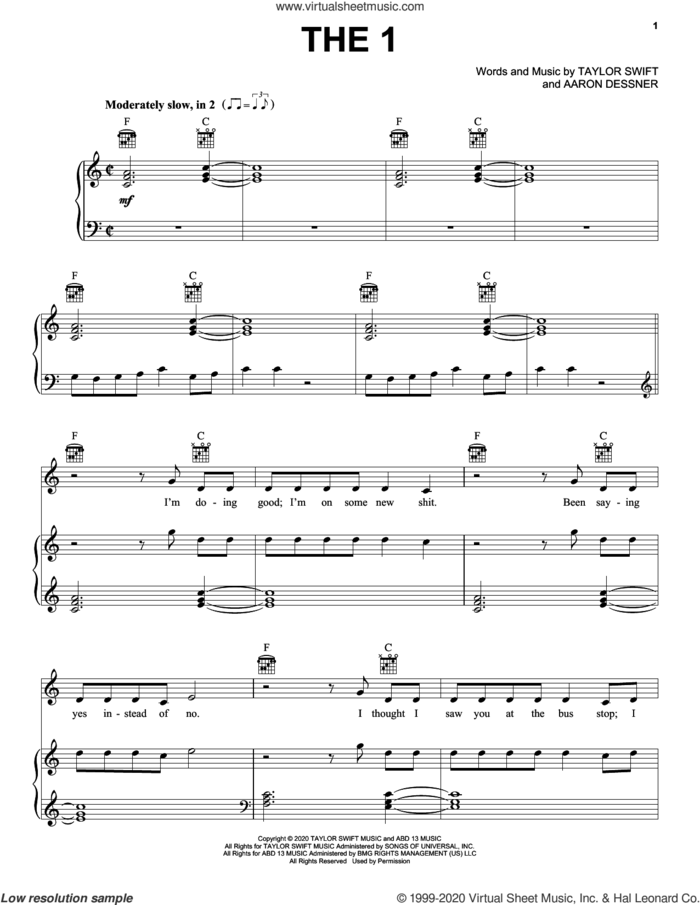 the 1 sheet music for voice, piano or guitar by Taylor Swift and Aaron Dessner, intermediate skill level