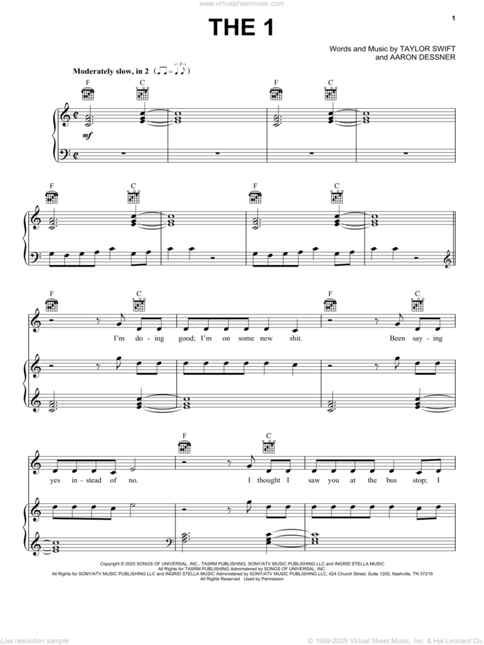 the 1 sheet music for voice, piano or guitar by Taylor Swift and Aaron Dessner, intermediate skill level