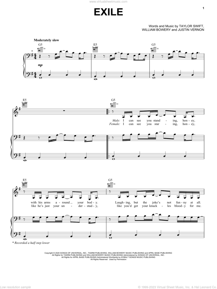 exile (feat. Bon Iver) sheet music for voice, piano or guitar by Taylor Swift, Bon Iver, Justin Vernon and William Bowery, intermediate skill level