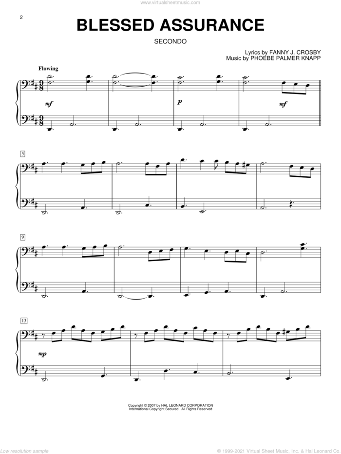 Blessed Assurance (arr. Larry Moore) sheet music for piano four hands by Fanny J. Crosby and Phoebe Palmer Knapp, intermediate skill level