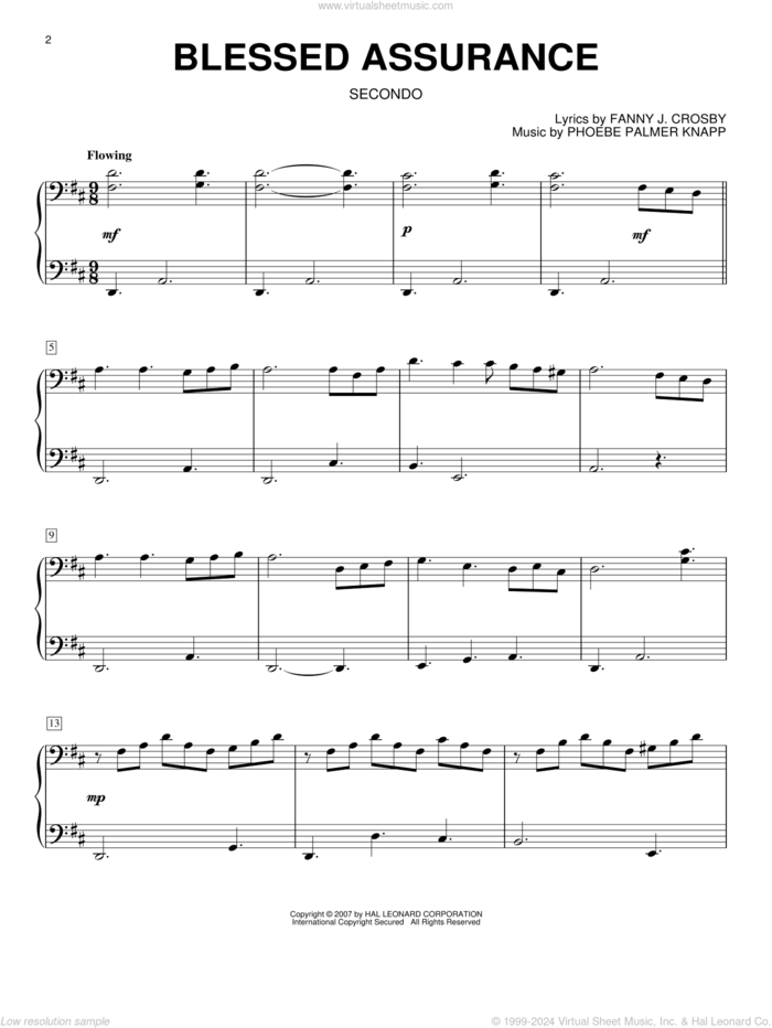 Blessed Assurance (arr. Larry Moore) sheet music for piano four hands by Fanny J. Crosby and Phoebe Palmer Knapp, intermediate skill level