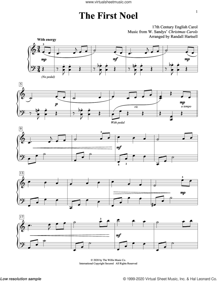 The First Noel (arr. Randall Hartsell) sheet music for piano solo (elementary) by W. Sandys' Christmas Carols, Randall Hartsell and Miscellaneous, beginner piano (elementary)