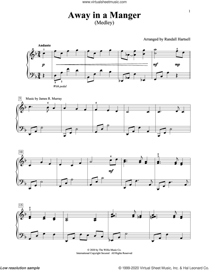 Away In A Manger (Medley) (arr. Randall Hartsell) sheet music for piano solo (elementary) by William J. Kirkpatrick, Randall Hartsell, James R. Murray, Jonathan E. Spilman and Miscellaneous, beginner piano (elementary)