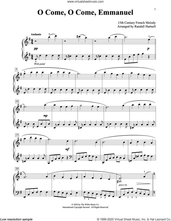 O Come, O Come, Emmanuel (arr. Randall Hartsell) sheet music for piano solo (elementary) by Anonymous, Randall Hartsell, 15th Century French Melody and Miscellaneous, beginner piano (elementary)