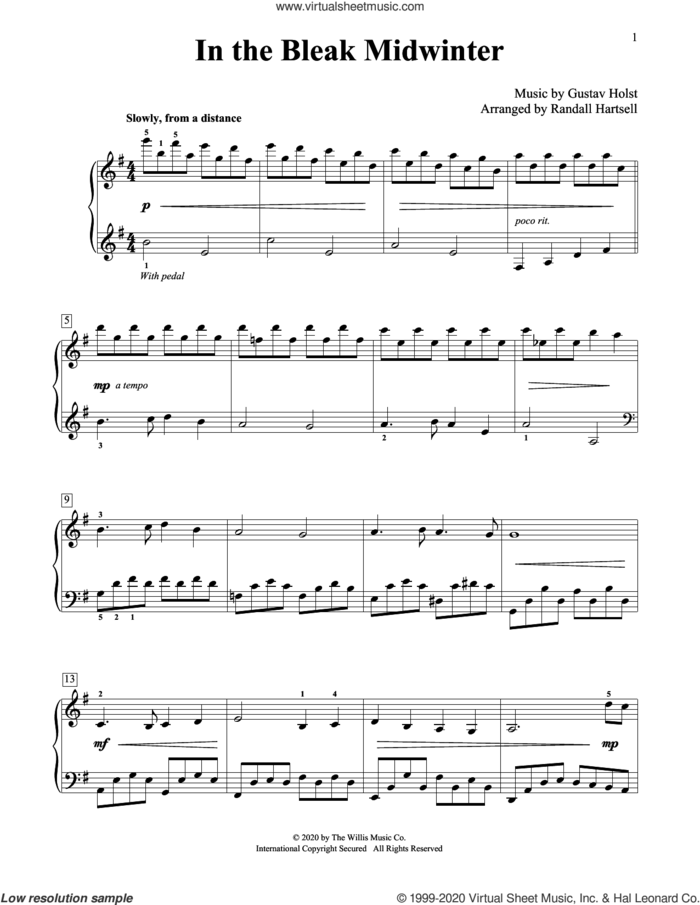 In The Bleak Midwinter (arr. Randall Hartsell) sheet music for piano solo (elementary) by Gustav Holst and Randall Hartsell, beginner piano (elementary)