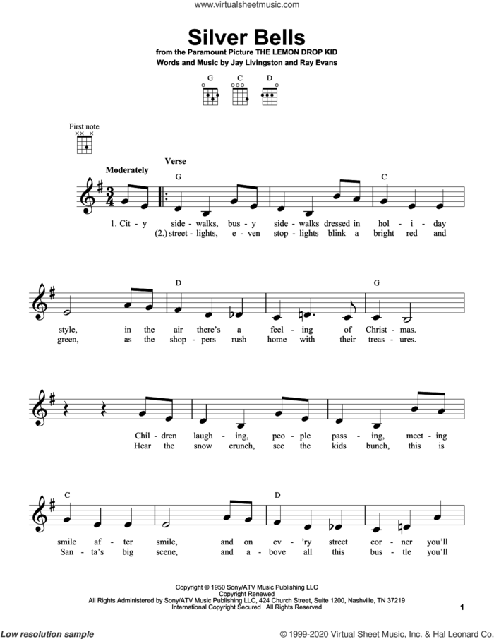 Silver Bells sheet music for ukulele by Jay Livingston, Jay Livingston & Ray Evans and Ray Evans, intermediate skill level