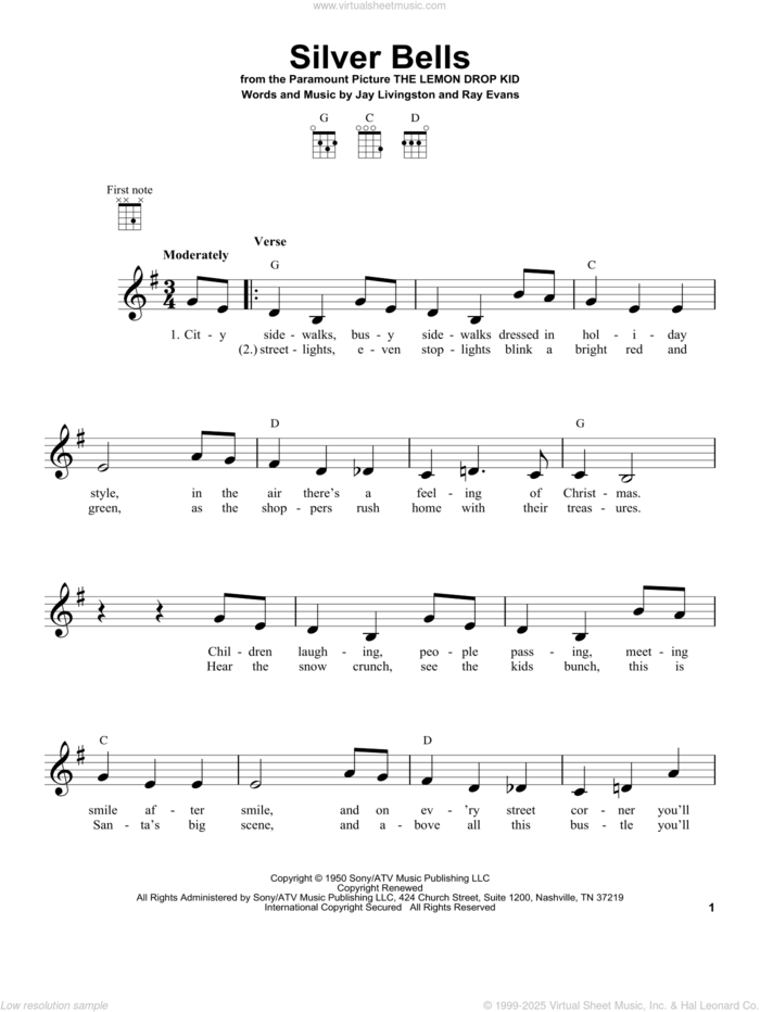 Silver Bells sheet music for ukulele by Jay Livingston, Jay Livingston & Ray Evans and Ray Evans, intermediate skill level