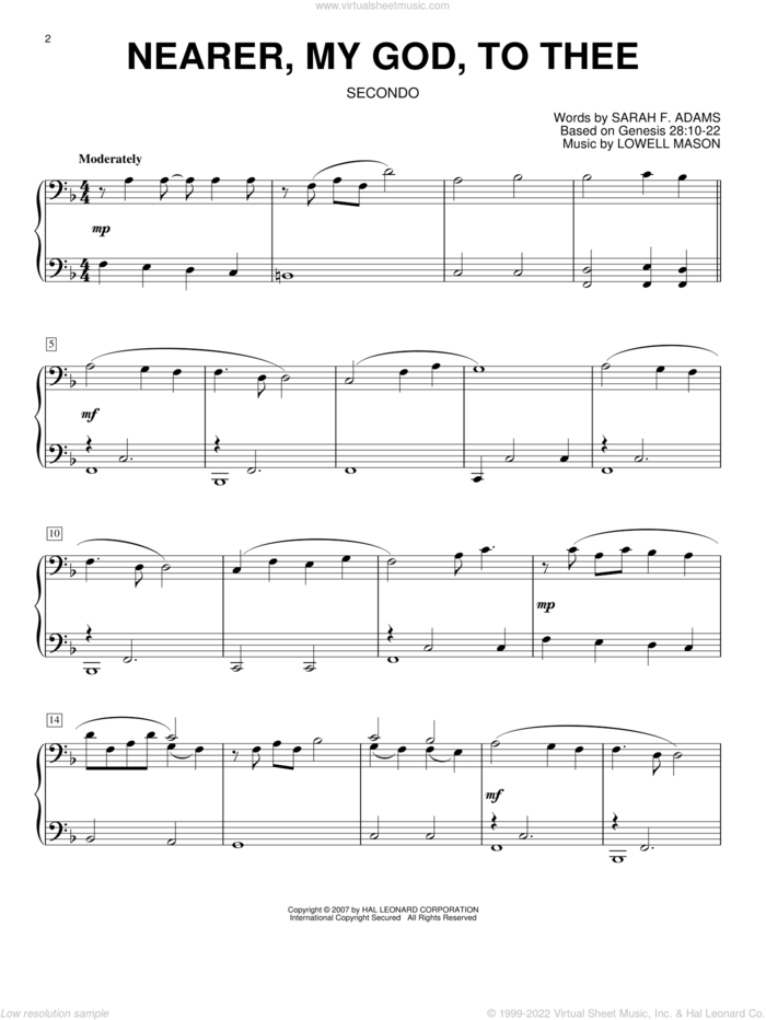 Nearer, My God, To Thee sheet music for piano four hands by Sarah F. Adams and Lowell Mason, intermediate skill level