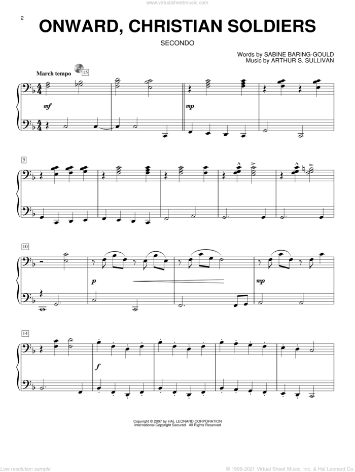Onward, Christian Soldiers (arr. Larry Moore) sheet music for piano four hands by Sabine Baring-Gould and Arthur Sullivan, intermediate skill level