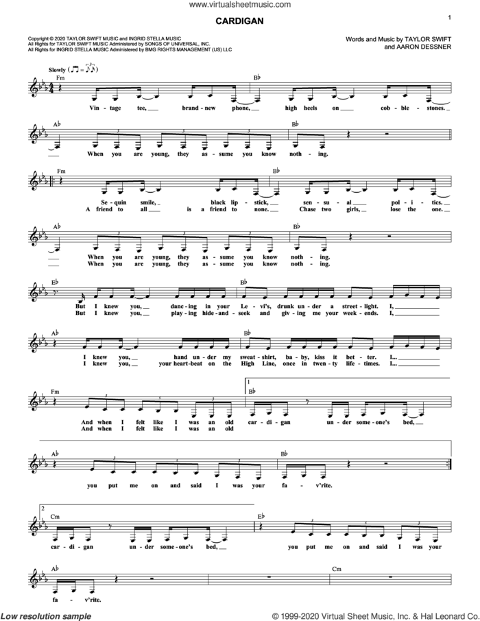 cardigan sheet music for voice and other instruments (fake book) by Taylor Swift and Aaron Dessner, intermediate skill level