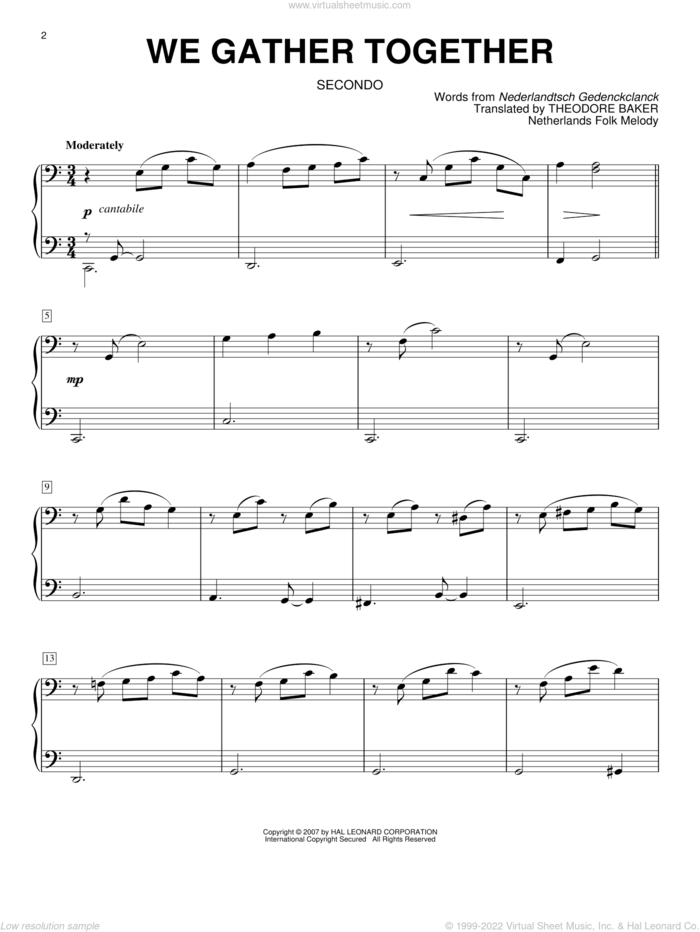 We Gather Together (arr. Larry Moore) sheet music for piano four hands by Nederlandtsch Gedenckclanck and Miscellaneous, intermediate skill level
