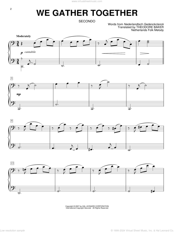 We Gather Together (arr. Larry Moore) sheet music for piano four hands by Nederlandtsch Gedenckclanck and Miscellaneous, intermediate skill level