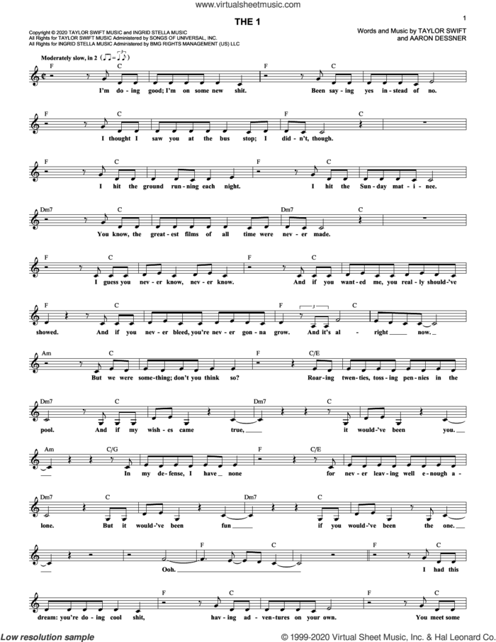 the 1 sheet music for voice and other instruments (fake book) by Taylor Swift and Aaron Dessner, intermediate skill level