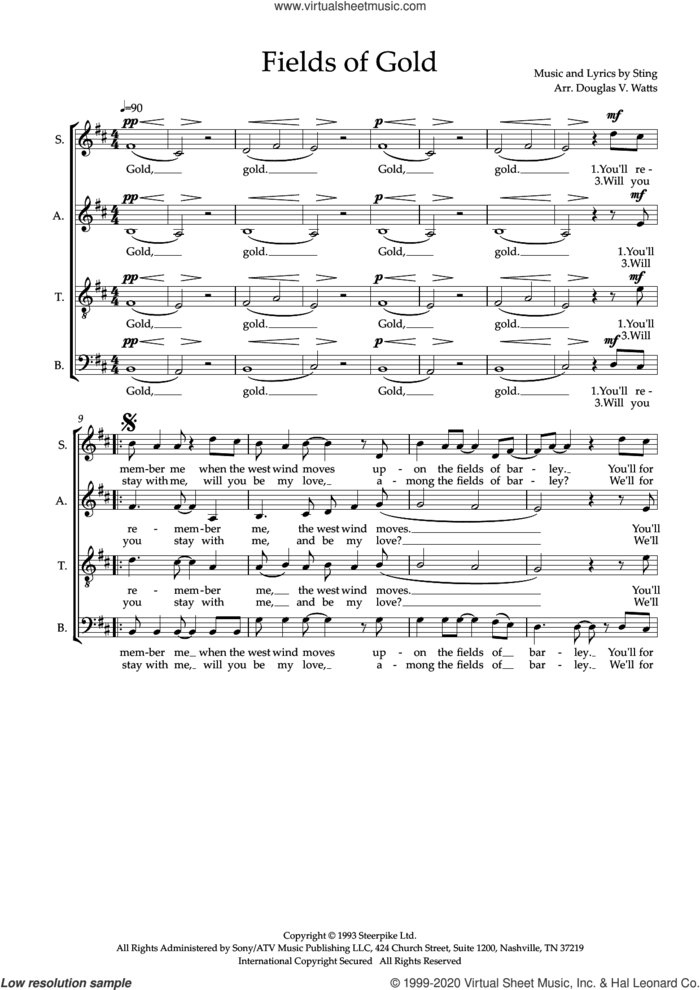 Fields Of Gold (arr. Doug Watts) sheet music for choir (SATB: soprano, alto, tenor, bass) by Sting and Doug Watts, intermediate skill level