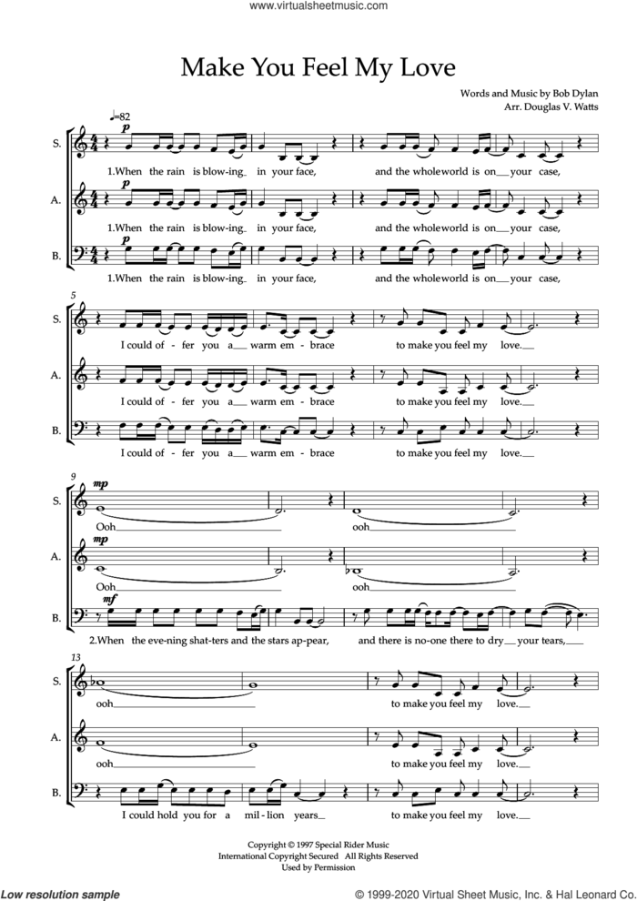 Make You Feel My Love (arr. Doug Watts) sheet music for choir (SAB: soprano, alto, bass) by Adele, Doug Watts and Bob Dylan, intermediate skill level