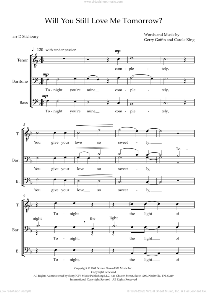 Will You Still Love Me Tomorrow (arr. Dom Stichbury) sheet music for choir (TBB: tenor, bass) by The Shirelles, Dom Stichbury, Carole King and Gerry Goffin, intermediate skill level