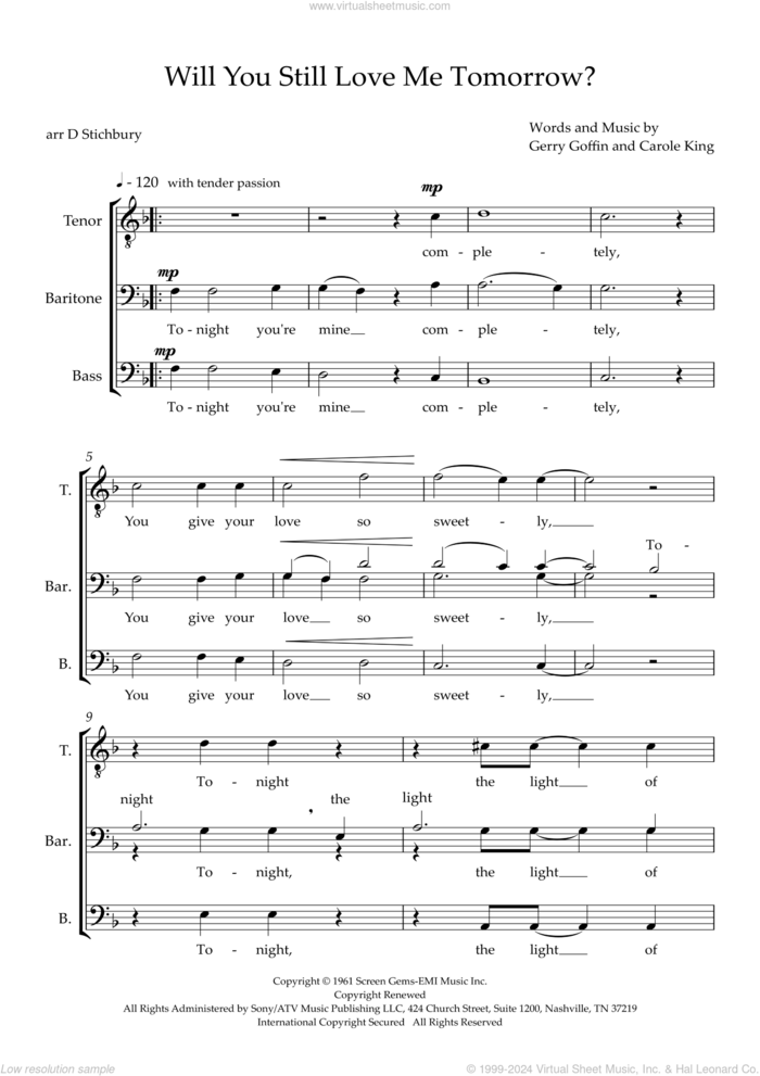 Will You Still Love Me Tomorrow (arr. Dom Stichbury) sheet music for choir (TBB: tenor, bass) by The Shirelles, Dom Stichbury, Carole King and Gerry Goffin, intermediate skill level