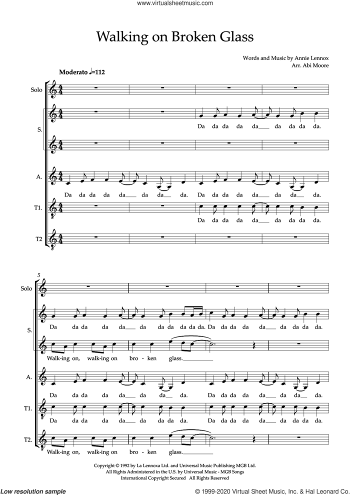 Walking On Broken Glass (arr. Abi Moore) sheet music for choir (SSATB) by Annie Lennox and Abi Moore, intermediate skill level
