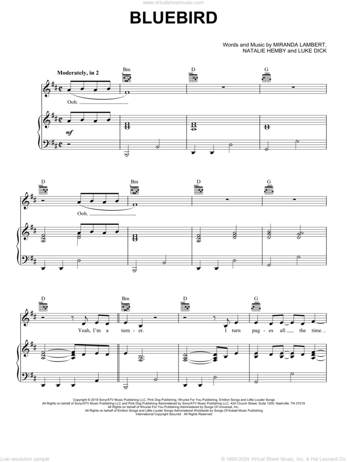 Bluebird sheet music for voice, piano or guitar by Miranda Lambert, Luke Dick and Natalie Hemby, intermediate skill level