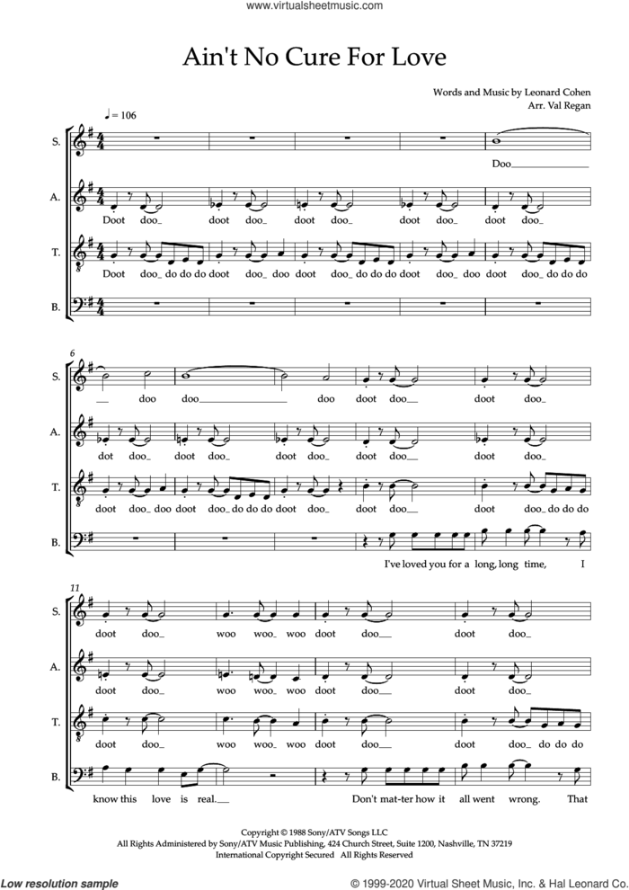 Ain't No Cure For Love (arr. Val Regan) sheet music for choir (SATB: soprano, alto, tenor, bass) by Leonard Cohen and Val Regan, intermediate skill level