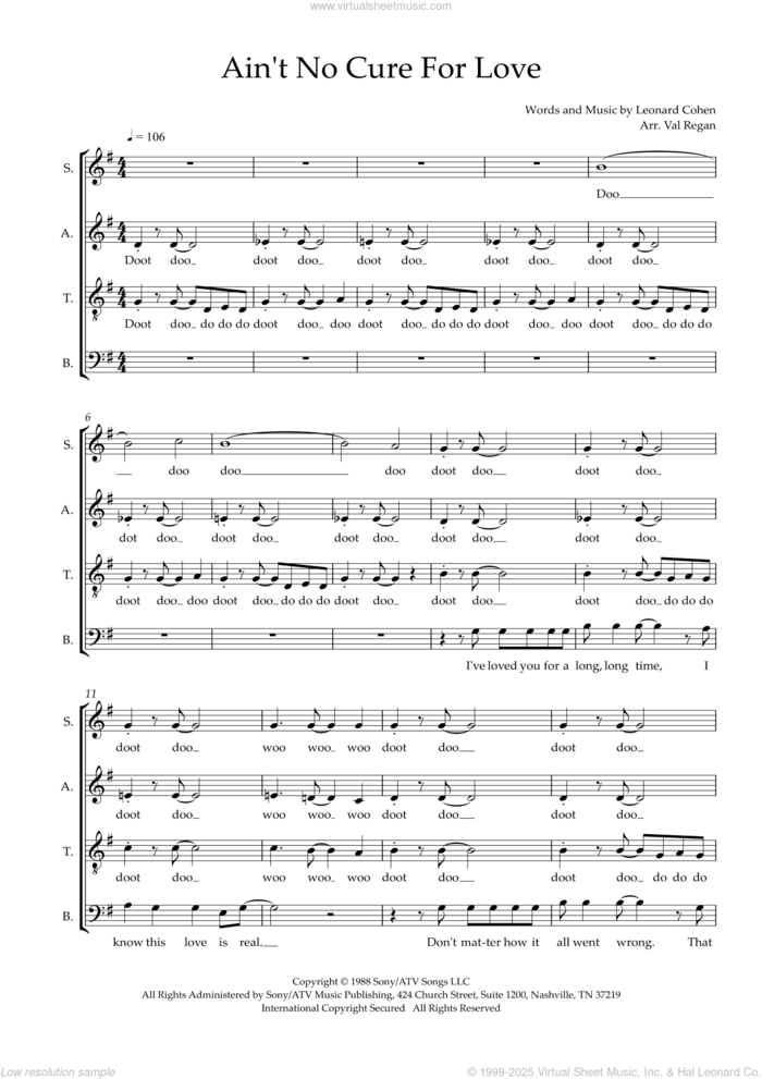 Ain't No Cure For Love (arr. Val Regan) sheet music for choir (SATB: soprano, alto, tenor, bass) by Leonard Cohen and Val Regan, intermediate skill level