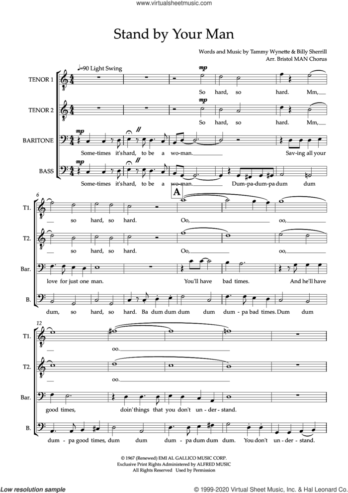 Stand By Your Man (arr. Sam Burns) sheet music for choir (TTBB: tenor, bass) by Tammy Wynette, Sam Burns and Billy Sherrill, intermediate skill level