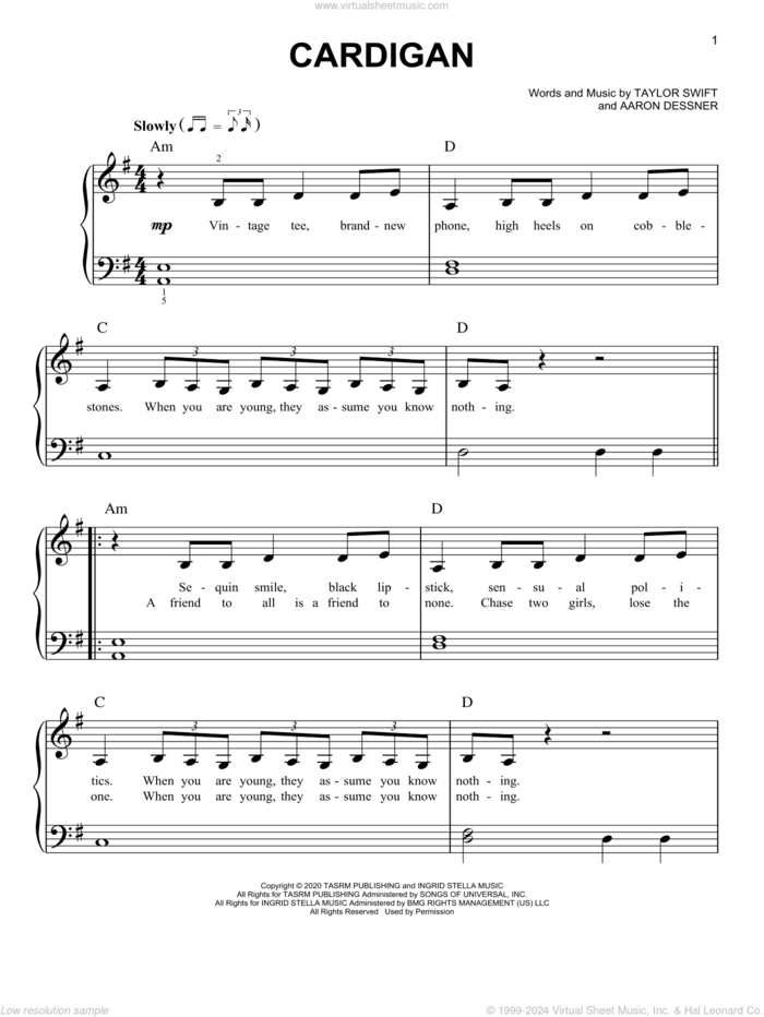 cardigan, (easy) sheet music for piano solo by Taylor Swift and Aaron Dessner, easy skill level