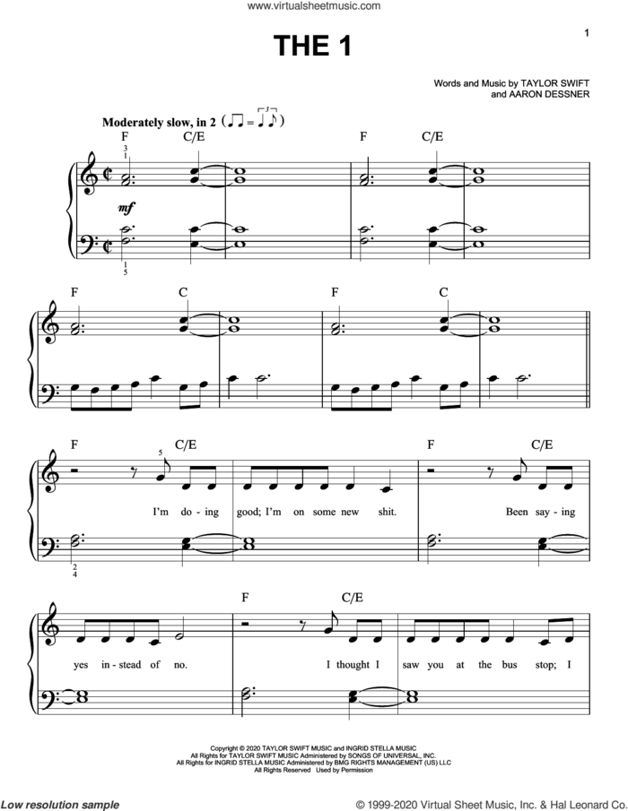 the 1 sheet music for piano solo by Taylor Swift and Aaron Dessner, easy skill level