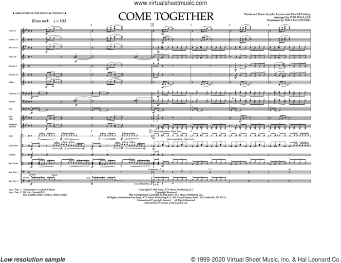 Come Together (arr. Tom Wallace) (COMPLETE) sheet music for marching band by The Beatles, John Lennon, Paul McCartney, Tom Wallace and Tony McCutchen, intermediate skill level