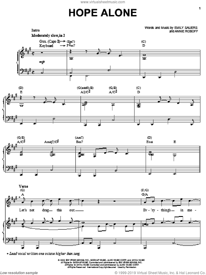 Hope Alone sheet music for voice, piano or guitar by Indigo Girls, Annie Roboff and Emily Saliers, intermediate skill level