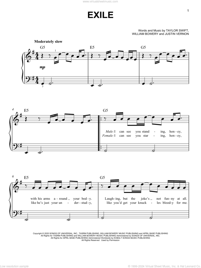 exile (feat. Bon Iver), (easy) sheet music for piano solo by Taylor Swift, Bon Iver, Justin Vernon and William Bowery, easy skill level