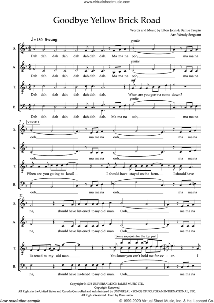 Goodbye Yellow Brick Road (arr. Wendy Sergeant) sheet music for choir (SATB: soprano, alto, tenor, bass) by Elton John, Wendy Sergeant and Bernie Taupin, intermediate skill level