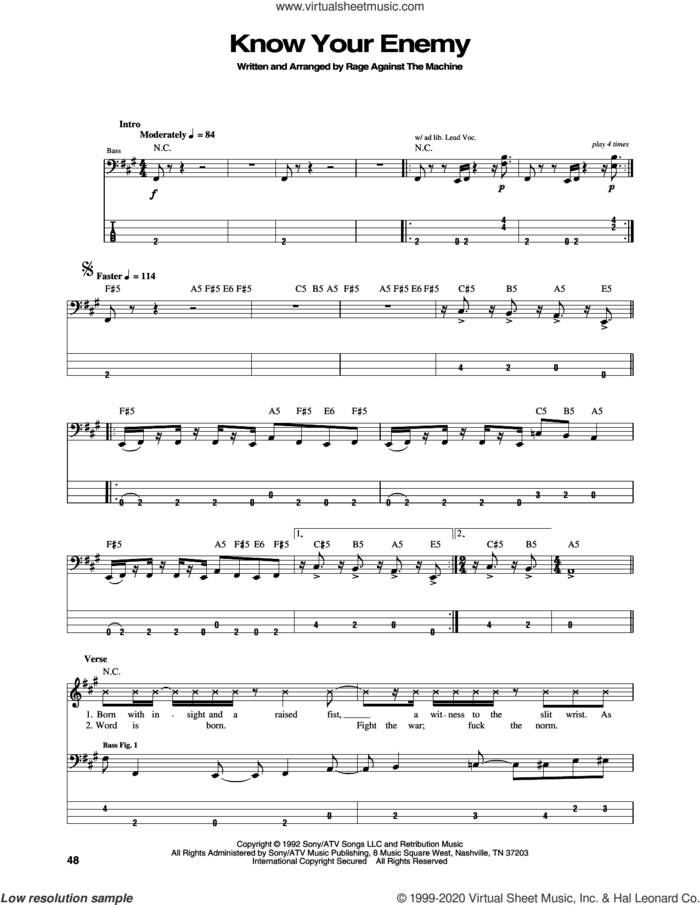 Know Your Enemy sheet music for bass (tablature) (bass guitar) by Rage Against The Machine, Brad Wilk, Tim Commerford, Tom Morello and Zack De La Rocha, intermediate skill level