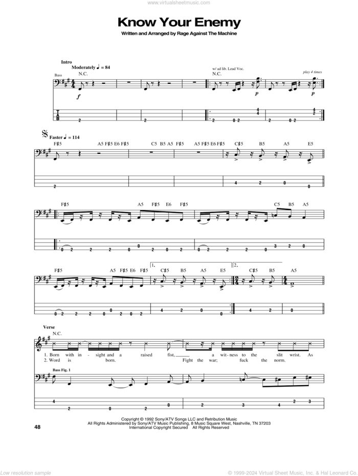 Know Your Enemy sheet music for bass (tablature) (bass guitar) by Rage Against The Machine, Brad Wilk, Tim Commerford, Tom Morello and Zack De La Rocha, intermediate skill level