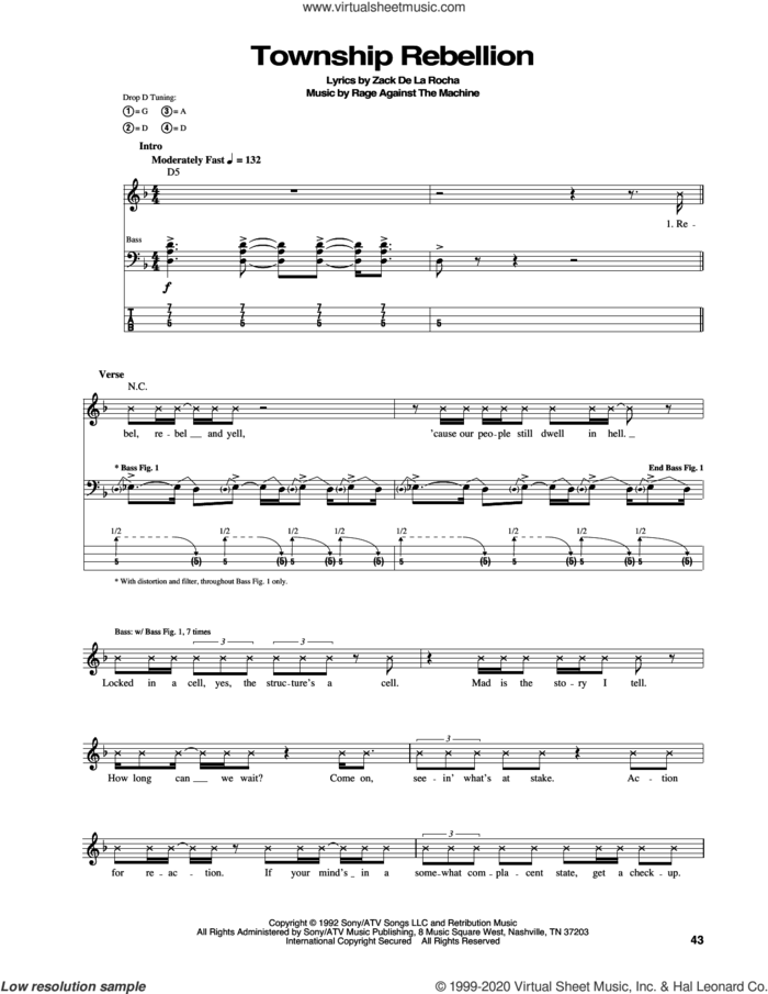 Township Rebellion sheet music for bass (tablature) (bass guitar) by Rage Against The Machine, intermediate skill level