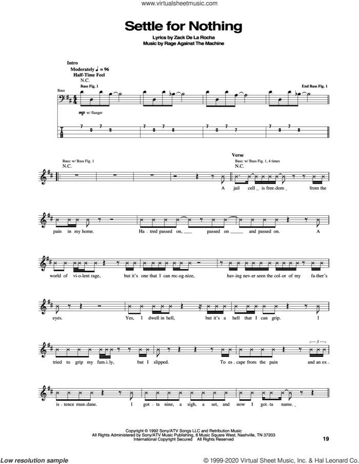 Settle For Nothing sheet music for bass (tablature) (bass guitar) by Rage Against The Machine, intermediate skill level