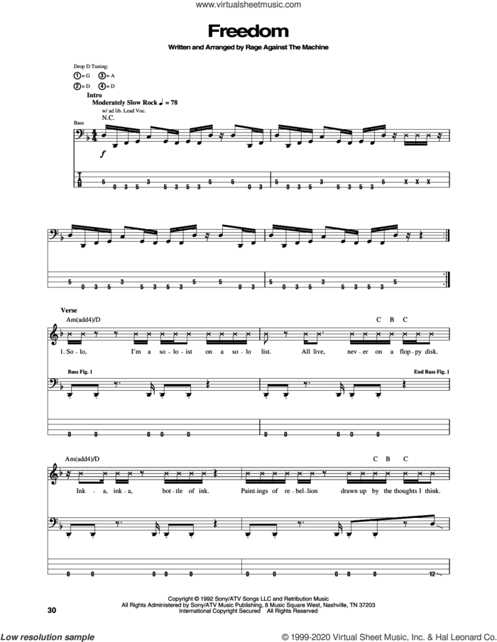 Freedom sheet music for bass (tablature) (bass guitar) by Rage Against The Machine, Brad Wilk, Tim Commerford, Tom Morello and Zack De La Rocha, intermediate skill level
