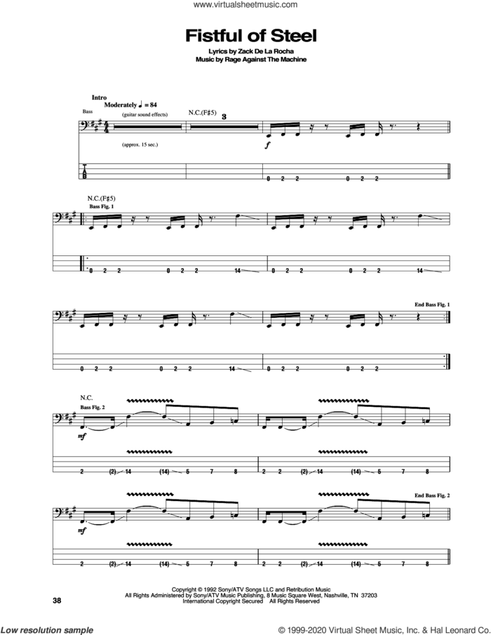 Fistful Of Steel sheet music for bass (tablature) (bass guitar) by Rage Against The Machine, intermediate skill level