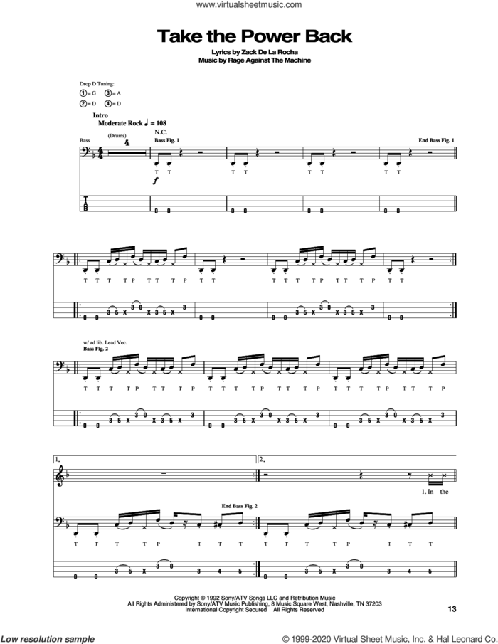 Take The Power Back sheet music for bass (tablature) (bass guitar) by Rage Against The Machine, Brad Wilk, Tim Commerford, Tom Morello and Zack De La Rocha, intermediate skill level