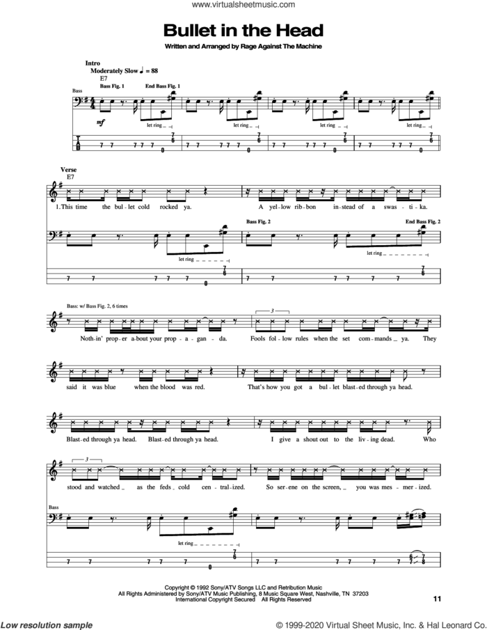 Bullet In The Head sheet music for bass (tablature) (bass guitar) by Rage Against The Machine, Brad Wilk, Tim Commerford, Tom Morello and Zack De La Rocha, intermediate skill level