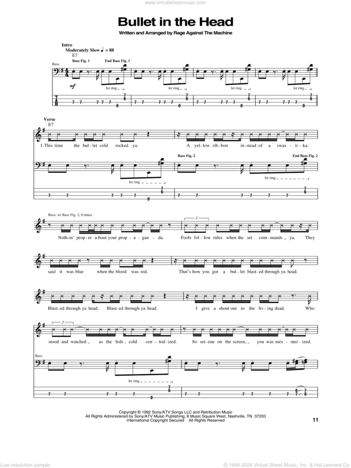 Bullet In The Head sheet music for bass (tablature) (bass guitar) by Rage Against The Machine, Brad Wilk, Tim Commerford, Tom Morello and Zack De La Rocha, intermediate skill level