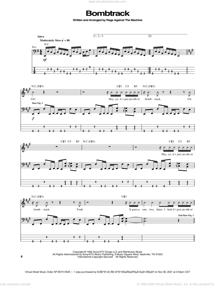 Bombtrack sheet music for bass (tablature) (bass guitar) by Rage Against The Machine, Brad Wilk, Tim Commerford, Tom Morello and Zack De La Rocha, intermediate skill level