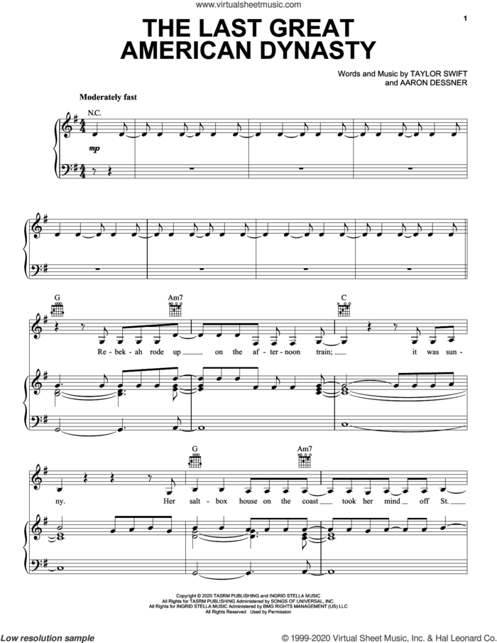the last great american dynasty sheet music for voice, piano or guitar by Taylor Swift and Aaron Dessner, intermediate skill level