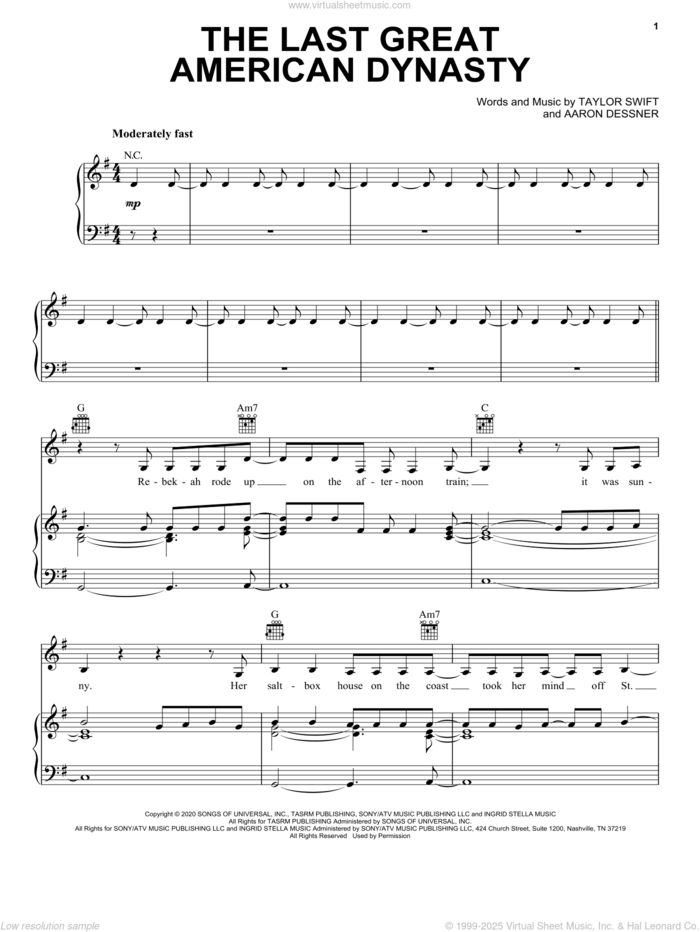 the last great american dynasty sheet music for voice, piano or guitar by Taylor Swift and Aaron Dessner, intermediate skill level