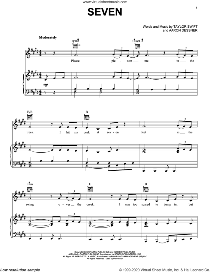 seven sheet music for voice, piano or guitar by Taylor Swift and Aaron Dessner, intermediate skill level