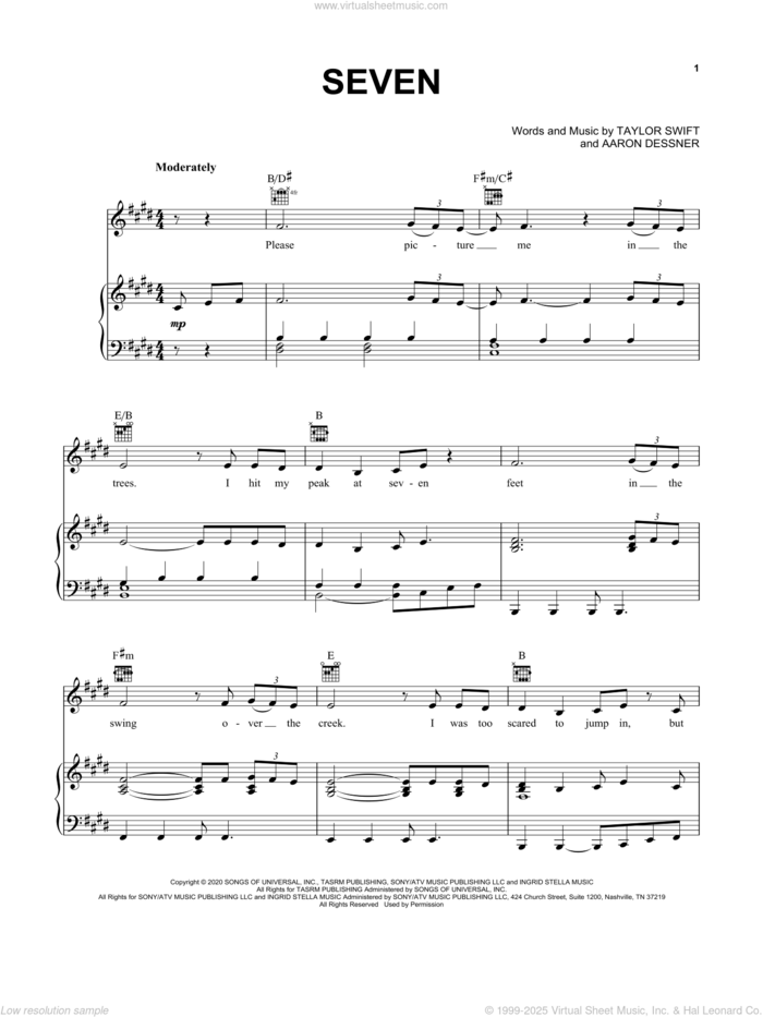 seven sheet music for voice, piano or guitar by Taylor Swift and Aaron Dessner, intermediate skill level