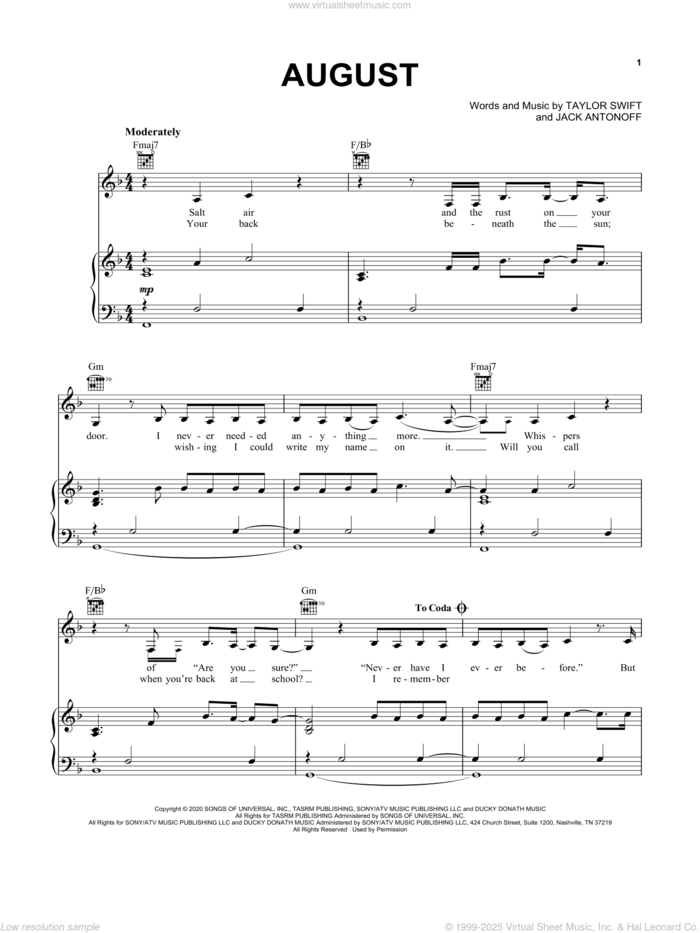 august sheet music for voice, piano or guitar by Taylor Swift and Jack Antonoff, intermediate skill level