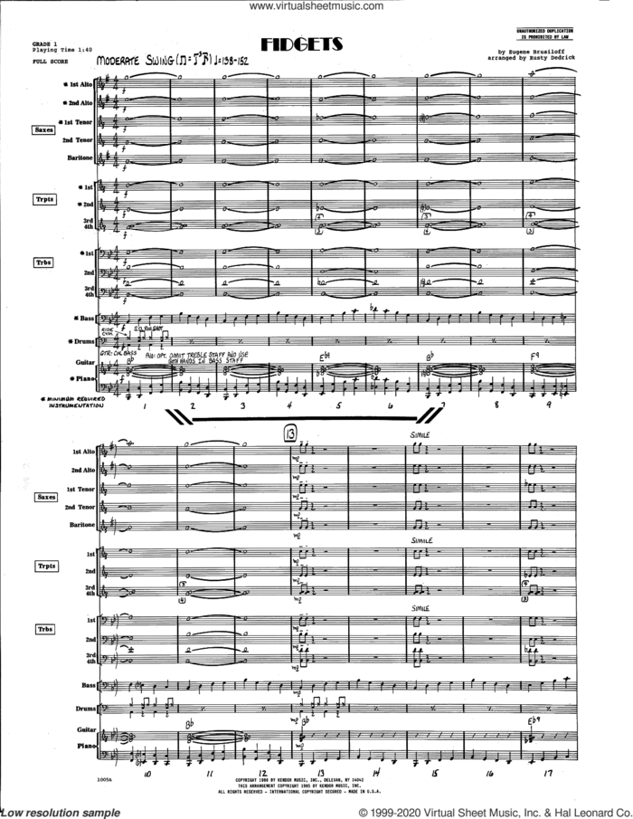 Fidgets (arr. Rusty Dedrick) (COMPLETE) sheet music for jazz band by Eugene Brusiloff and Rusty Dedrick, intermediate skill level