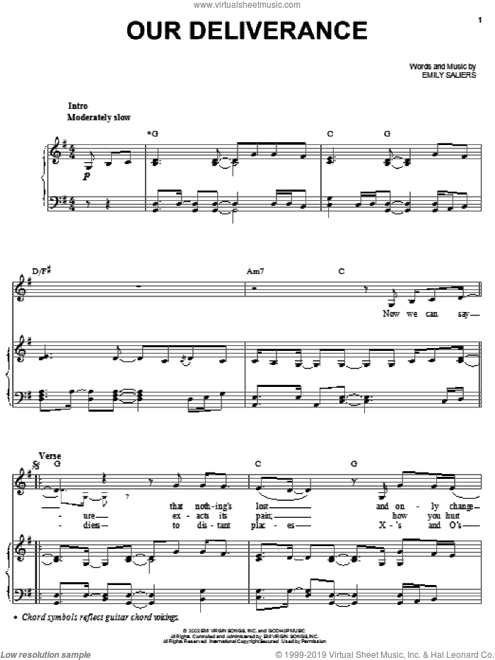 Our Deliverance sheet music for voice, piano or guitar by Indigo Girls and Emily Saliers, intermediate skill level
